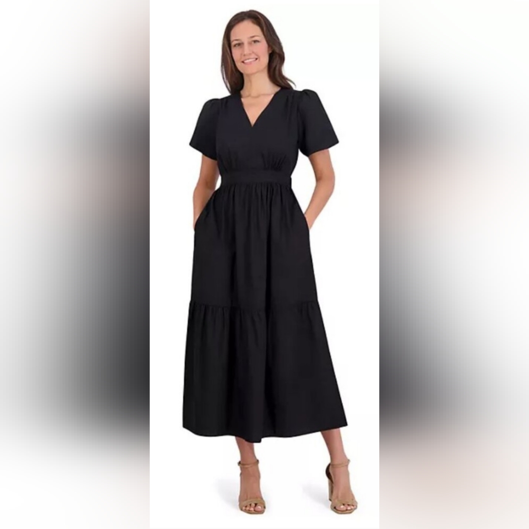 French Connection Black Puff Sleeve V-Neck Midi Cotton Dress With Pockets Nwt
